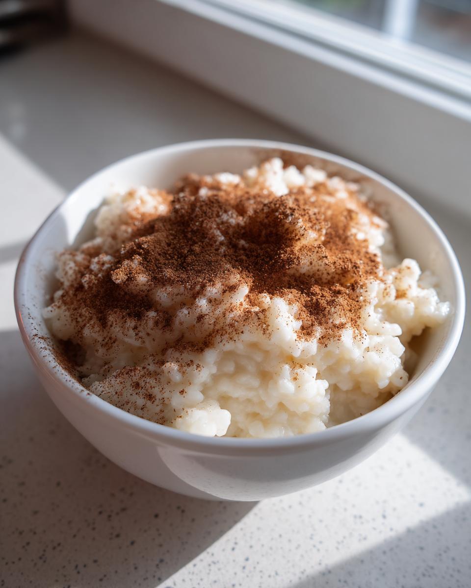 Eine Schale cremigen Milchreis mit Zimt und Zucker, appetitlich im Sonnenlicht serviert.