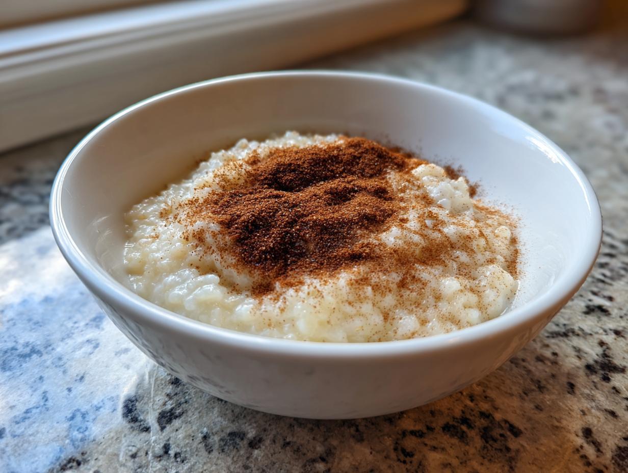 Eine weiße Schale mit cremigem Milchreis, großzügig bestreut mit Zimt und Zucker.