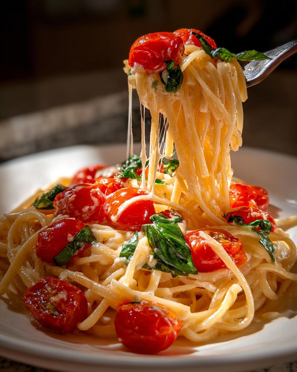 Nahaufnahme von cremiger Mozzarella-Tomaten-Pasta, bei der eine Gabel hochgezogen wird und der Käse Fäden zieht.
