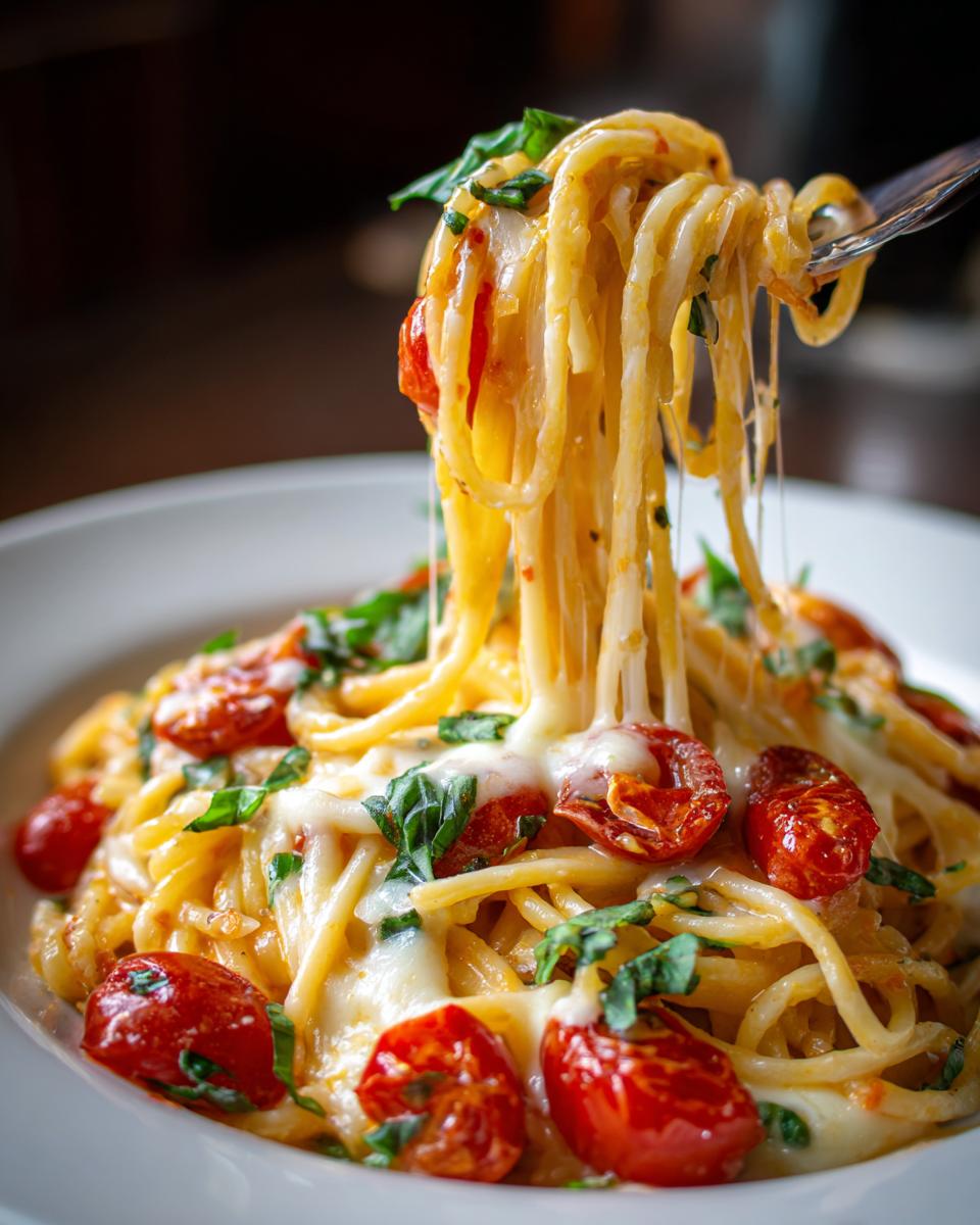 Nahaufnahme von Mozzarella-Tomaten-Pasta, bei der eine Gabel Nudeln hochgezogen werden und der geschmolzene Käse Fäden zieht.