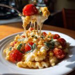 Nahaufnahme von Mozzarella-Tomaten-Pasta, bei der ein Bissen mit langen, geschmolzenen Käsefäden hochgezogen wird.