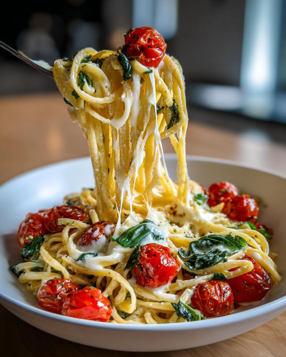 Gabel zieht lange Fäden Mozzarella-Tomaten-Pasta mit geschmolzenem Käse und Kirschtomaten.