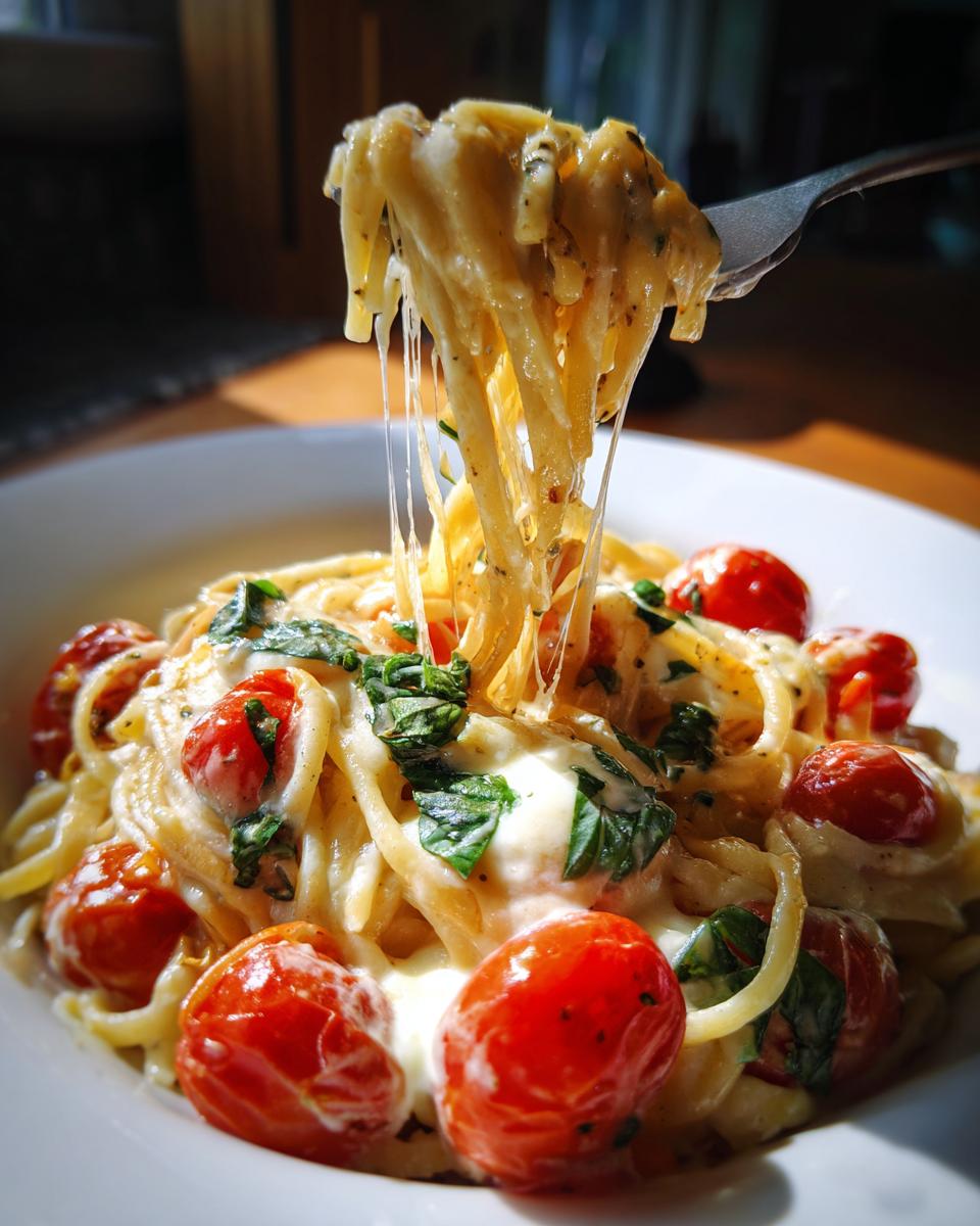 Gabel zieht Fäden von cremiger Mozzarella-Tomaten-Pasta mit Kirschtomaten und Basilikum.