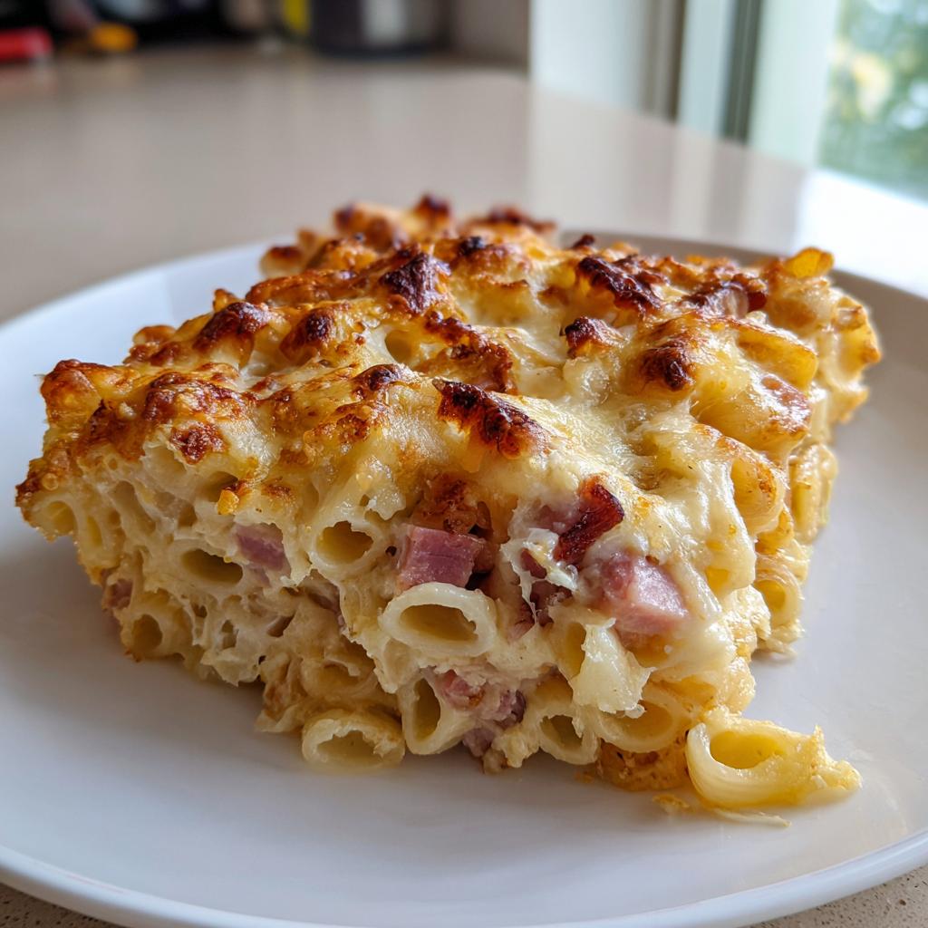 Ein saftiges Stück Nudelauflauf mit Schinken und Sahne mit goldbraun überbackener Käsekruste auf einem weißen Teller.