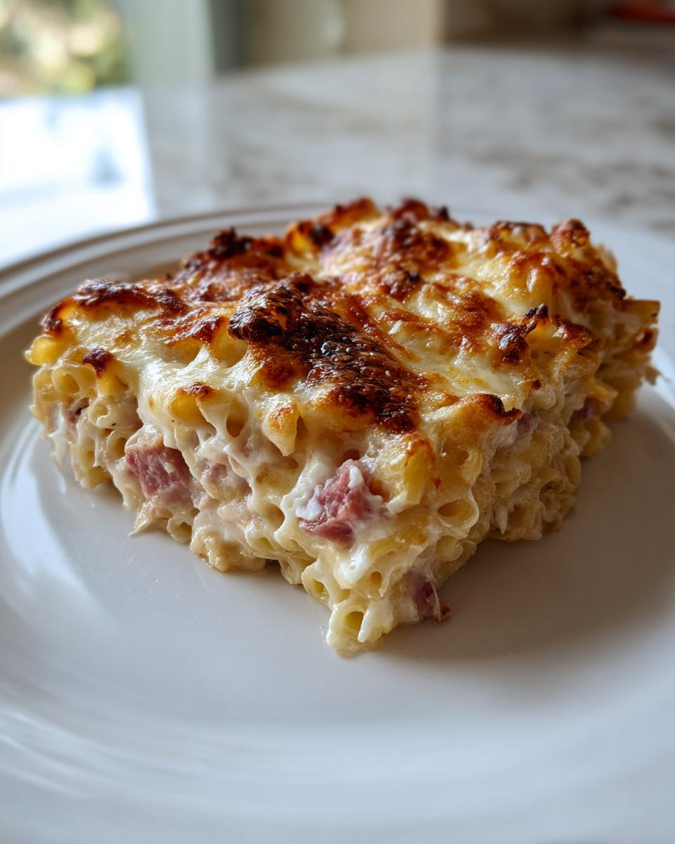 Ein cremiges Stück Nudelauflauf mit Schinken und Sahne mit einer goldbraun überbackenen Käsekruste auf einem weißen Teller.