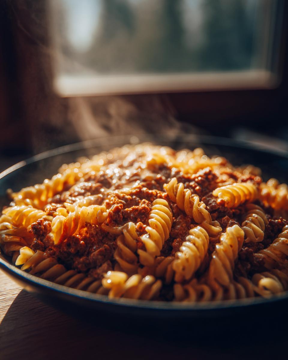 Nahaufnahme von dampfenden Nudeln mit Hackfleisch und Schmand in einer dunklen Pfanne, warmes Licht.