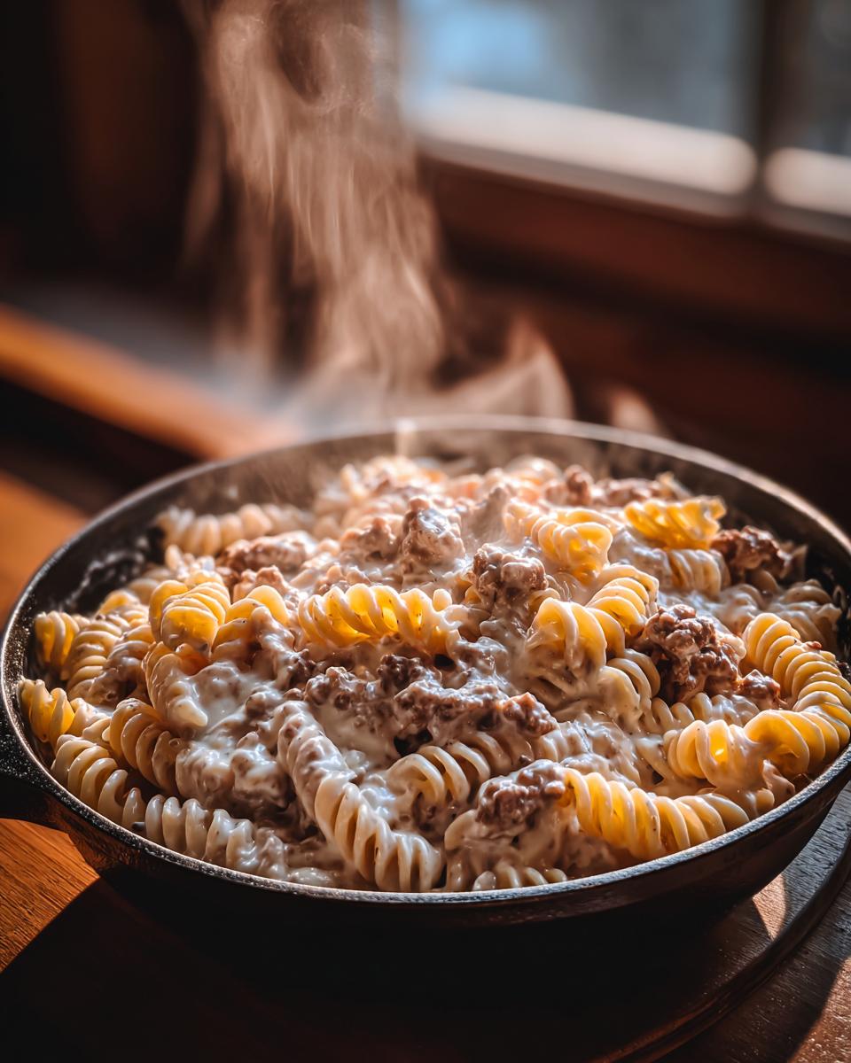 Nahaufnahme von dampfenden Nudeln mit Hackfleisch und Schmand in einer dunklen Pfanne, perfekt für das Rezept Nudeln mit Hackfleisch und Schmand.