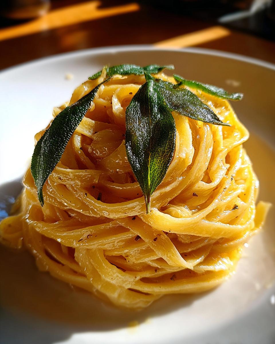 Nahaufnahme von kunstvoll angerichteten Nudeln mit Butter und Salbei, garniert mit frischen Salbeiblättern.