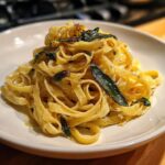 Nahaufnahme von frisch zubereiteten Nudeln mit Butter und Salbei, garniert mit knusprigen Salbeiblättern.