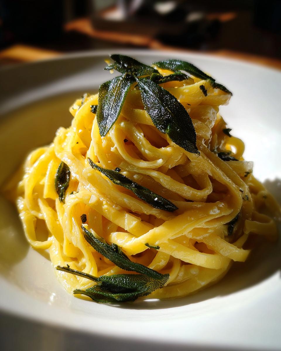 Nahaufnahme von leuchtend gelben Nudeln mit Buttersoße, garniert mit knusprigen, dunkelgrünen Salbeiblättern – Nudeln mit Butter und Salbei.
