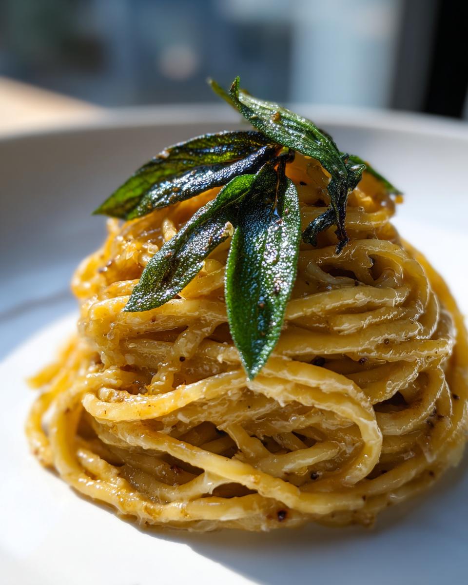 Nahaufnahme von perfekt angerichteten Nudeln mit Butter und Salbei, garniert mit knusprigen Salbeiblättern.