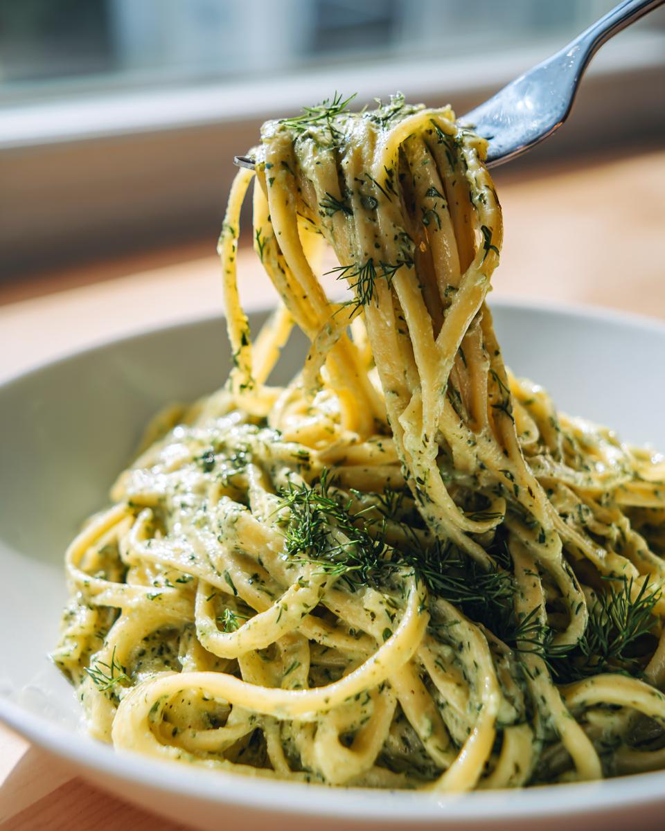 Gabel zieht eine Portion Nudeln mit cremiger Dill-Sahnesauce aus einer weißen Schüssel.