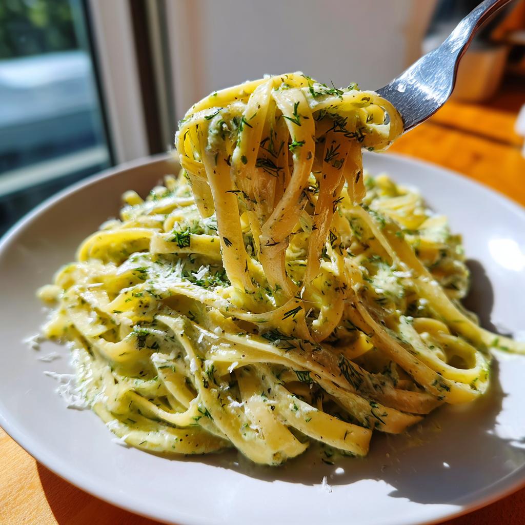 Gabel mit langen Nudeln, üppig bedeckt mit cremiger Dill-Sahnesauce und frischem Dill.