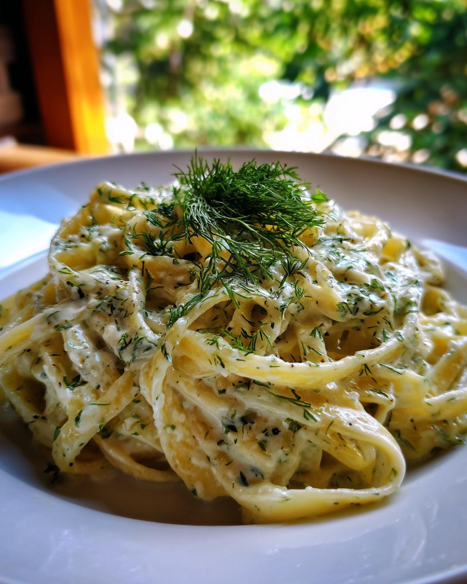 Nahaufnahme von cremigen Nudeln mit Dill-Sahnesauce, üppig garniert mit frischem Dill.