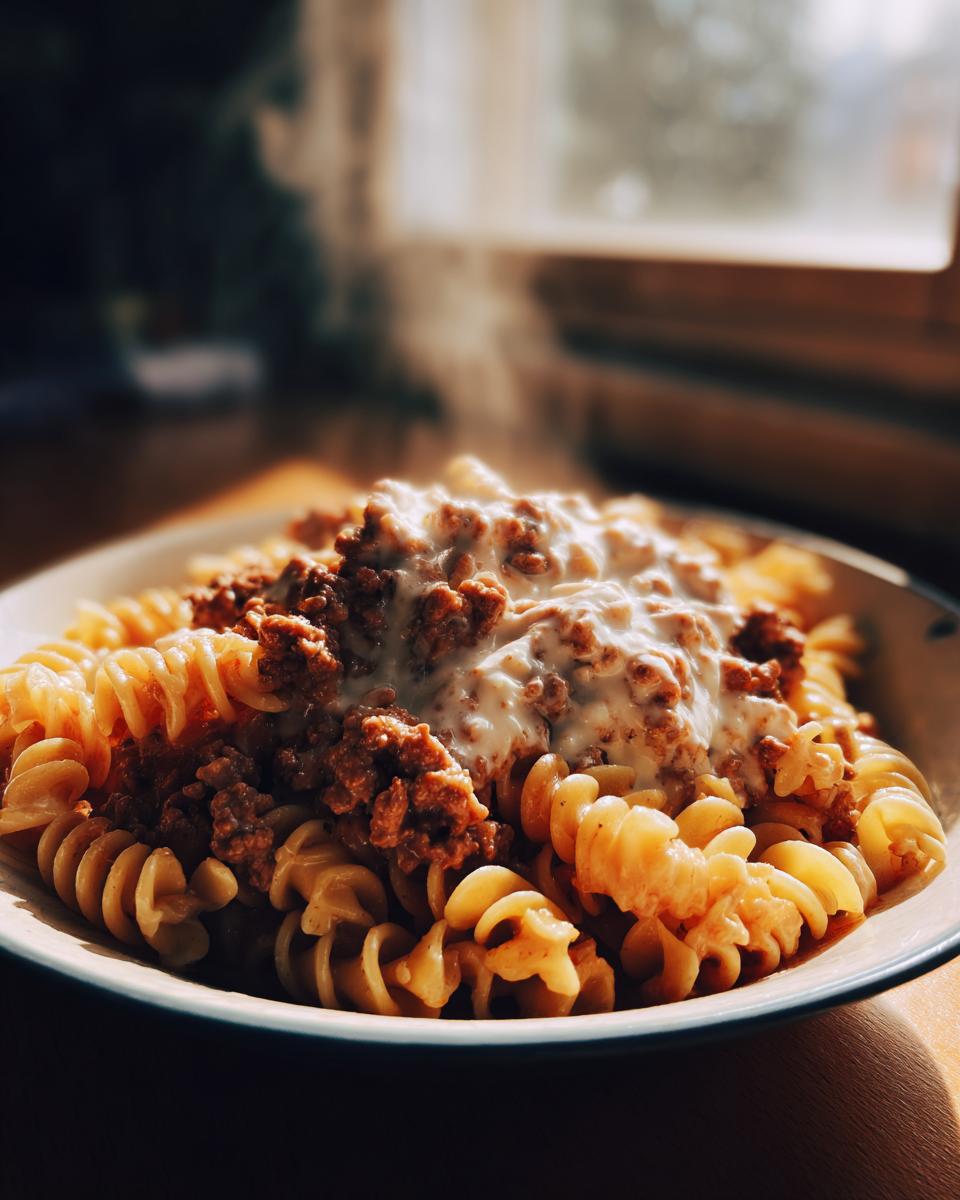 Nahaufnahme von dampfenden Nudeln mit Hackfleisch und Schmand in einer Schüssel, warmes Licht.
