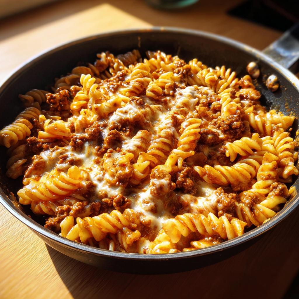 Nahaufnahme von Nudeln mit Hackfleisch und Schmand, überbacken mit geschmolzenem Käse in einer dunklen Pfanne.