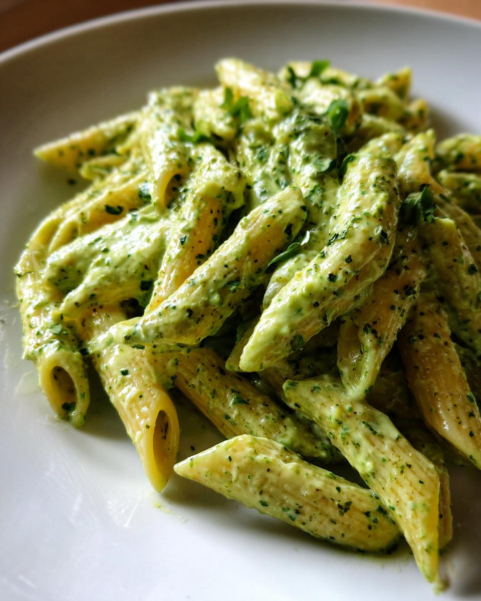 Nahaufnahme von Penne Nudeln mit cremiger Kräuter-Frischkäse Soße, perfekt für Nudeln mit Kräuter-Frischkäse.