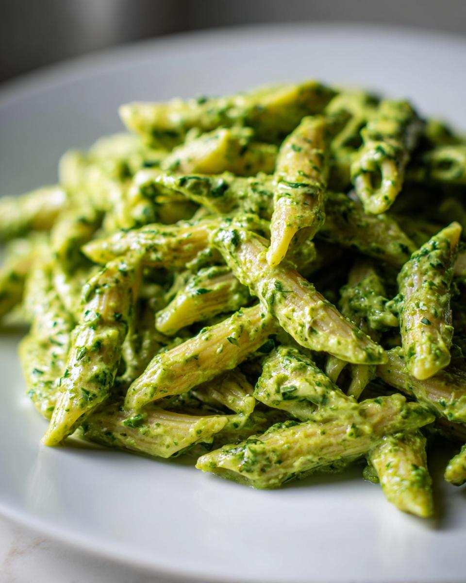 Nahaufnahme von Penne Nudeln, üppig bedeckt mit einer leuchtend grünen Kräuter-Frischkäse-Sauce.