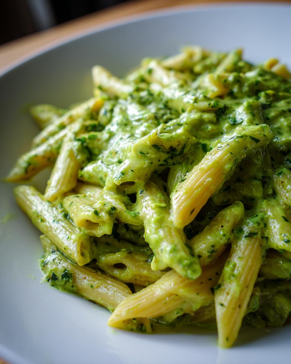 Nahaufnahme von Penne Nudeln in einer cremigen, grünen Kräuter-Frischkäse-Soße.