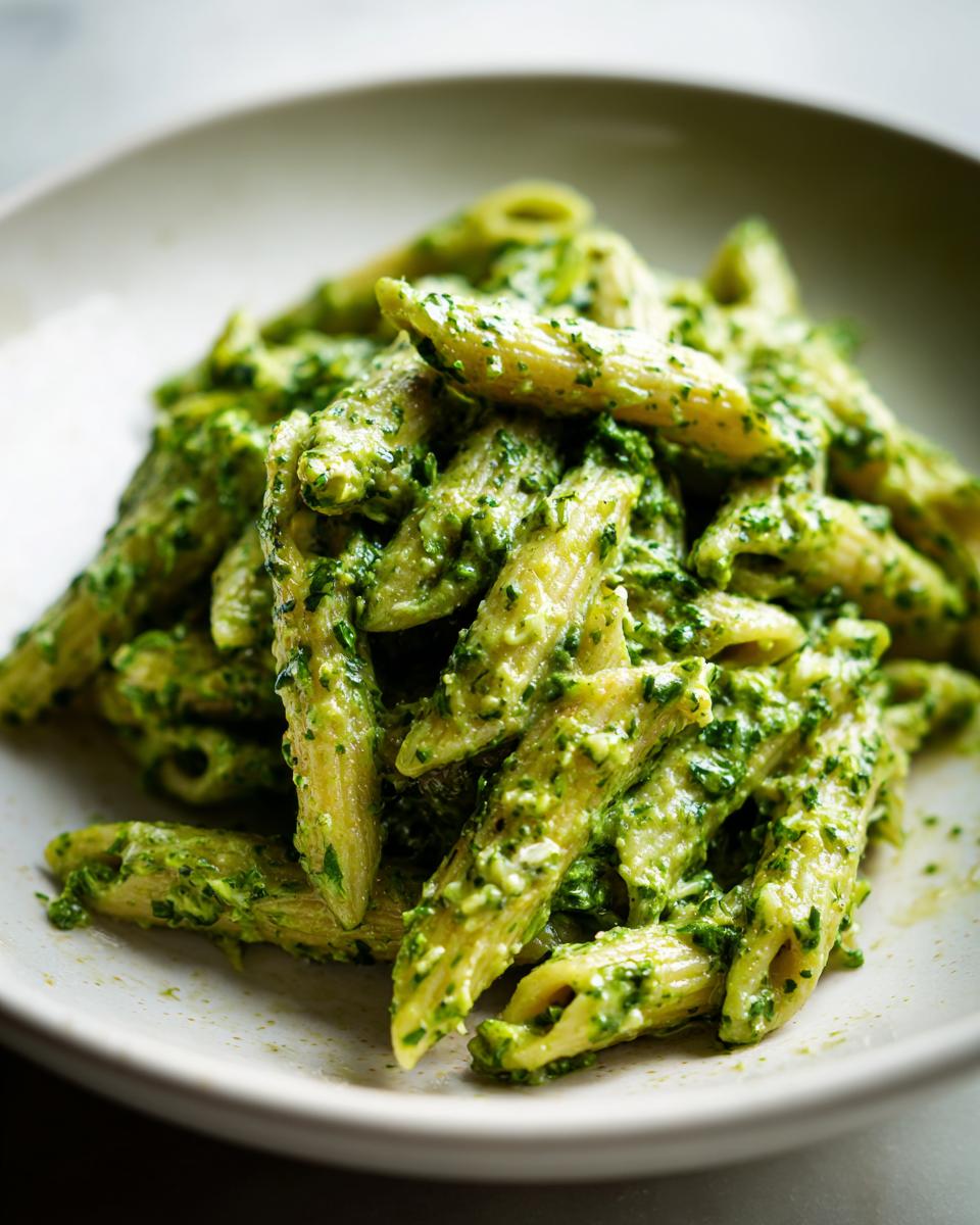 Nahaufnahme von Penne Nudeln, üppig überzogen mit einer leuchtend grünen Kräuter-Frischkäse-Sauce.