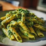 Nahaufnahme von Penne Nudeln mit cremiger, grüner Kräuter-Frischkäse Sauce – perfekt für Nudeln mit Kräuter-Frischkäse.