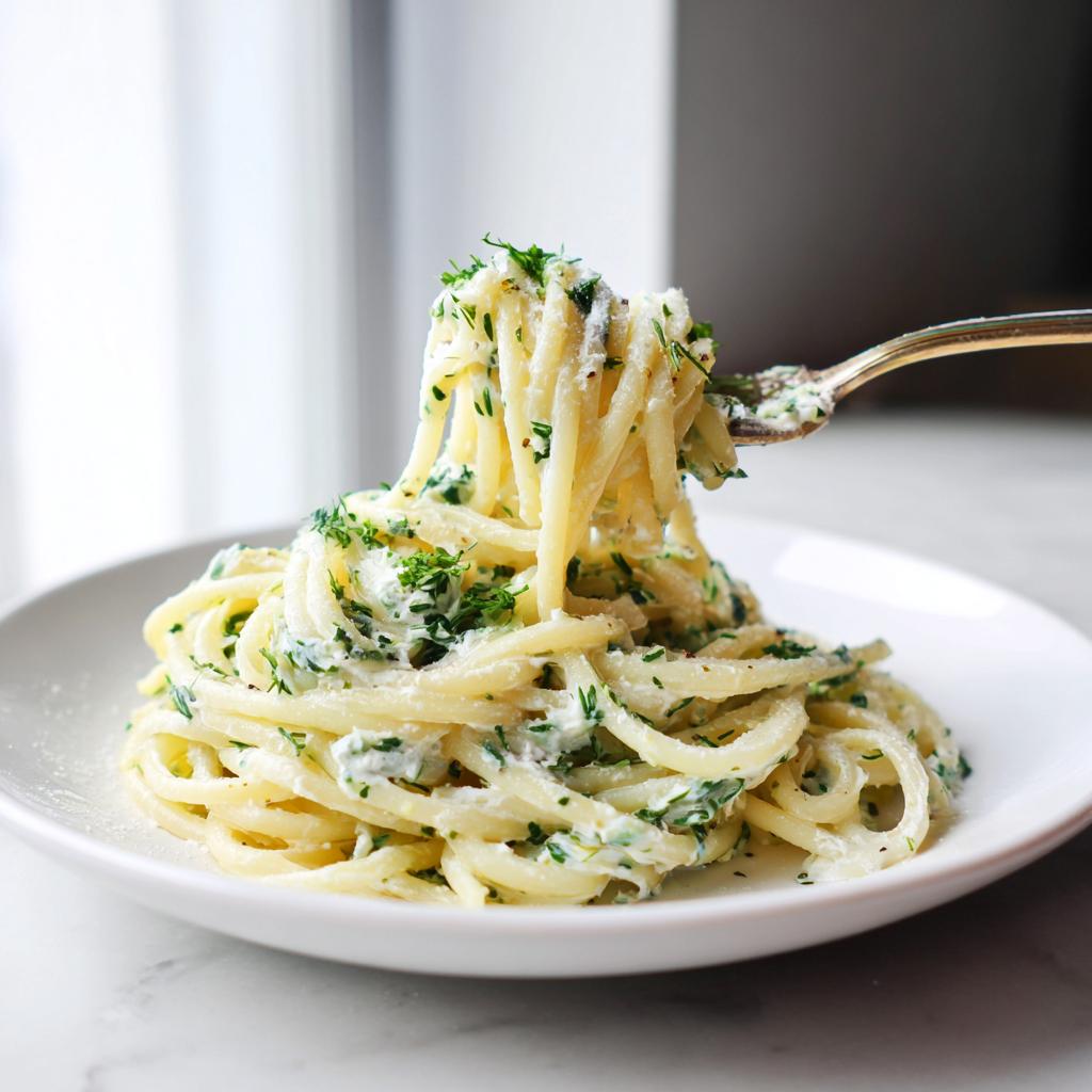 Nahaufnahme von cremigen Nudeln mit Kräuter-Ricotta, die gerade mit einer Gabel hochgezogen werden.