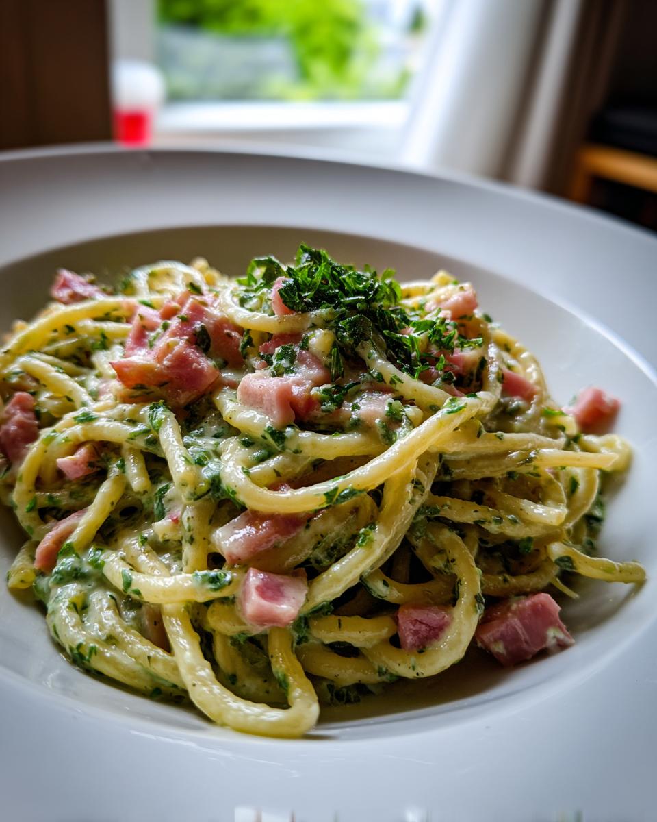 Ein Teller voller Nudeln mit Kräuter-Sahne und Schinken, garniert mit frischen Kräutern.