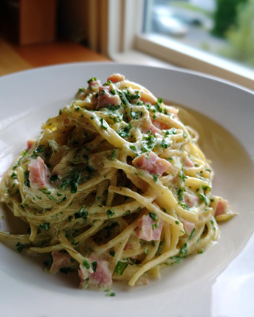 Ein Teller voller Nudeln mit Kräuter-Sahne und Schinken, üppig mit Petersilie bestreut.