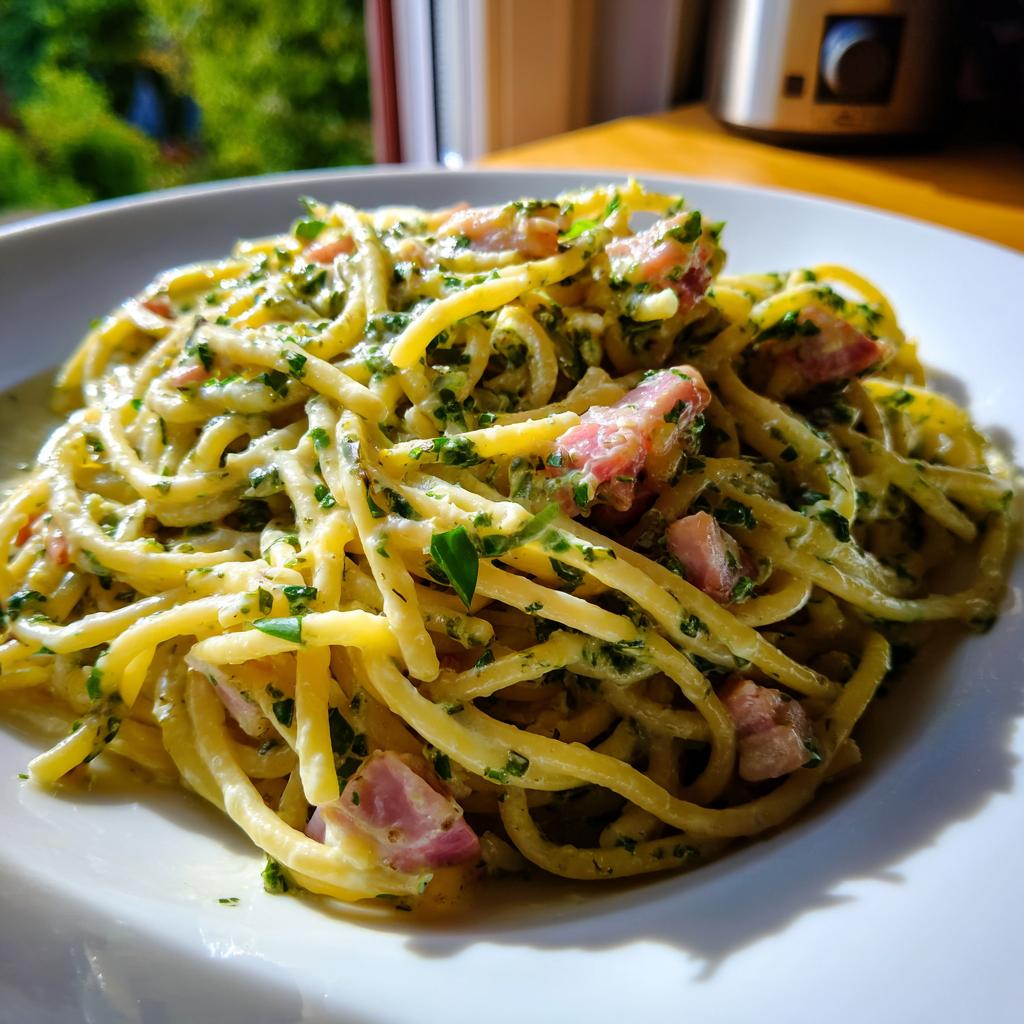 Teller mit cremigen Nudeln mit Kräuter-Sahne und Schinken, appetitlich angerichtet.