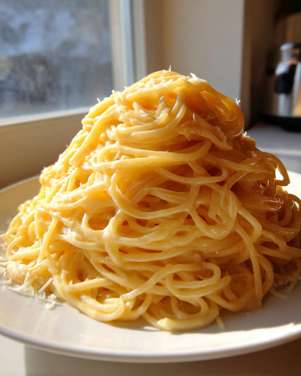 Ein hoher Berg cremiger Nudeln mit Parmesan-Frischkäse, bestreut mit geriebenem Käse, im Gegenlicht serviert.