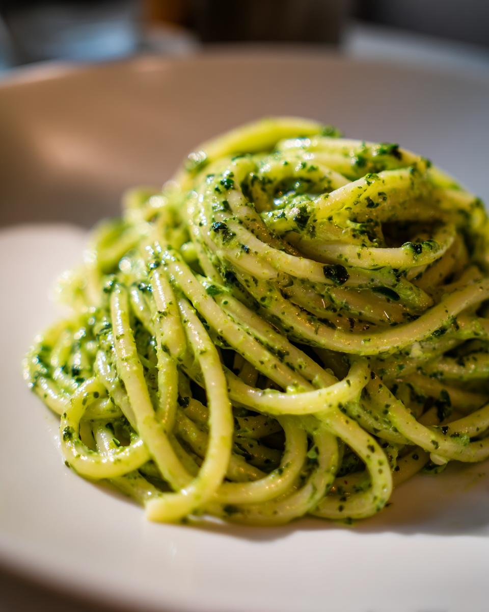 Nahaufnahme von perfekt al dente Nudeln, umhüllt von einer cremigen, grünen Rucola-Frischkäse-Sauce.