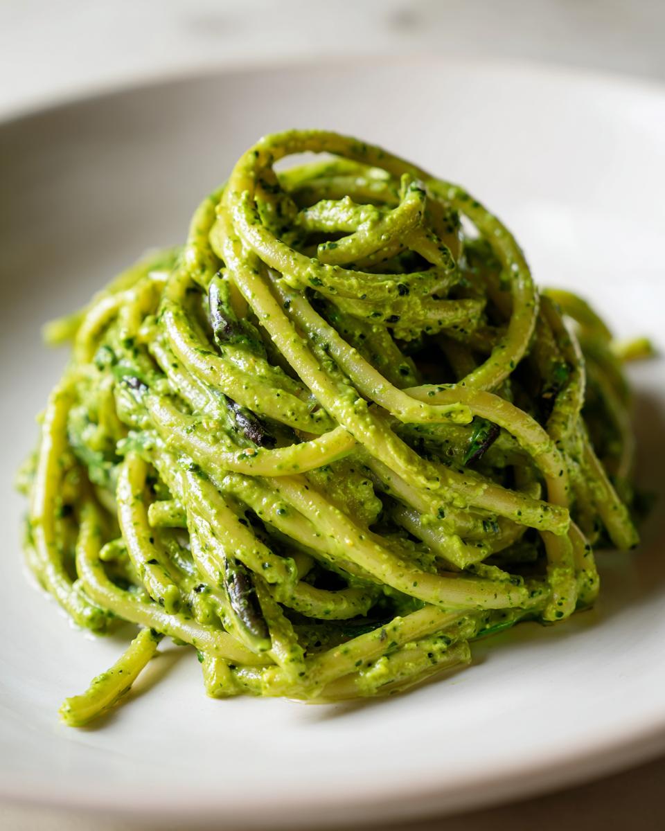 Nahaufnahme von perfekt angerichteten Nudeln mit Rucola-Frischkäse, cremig und leuchtend grün auf einem weißen Teller.