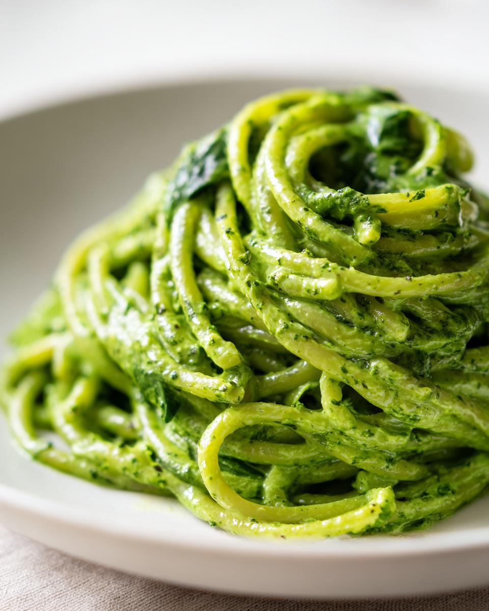 Nahaufnahme von leckeren Nudeln mit Rucola-Frischkäse, die in einer cremigen, leuchtend grünen Soße geschwenkt sind.