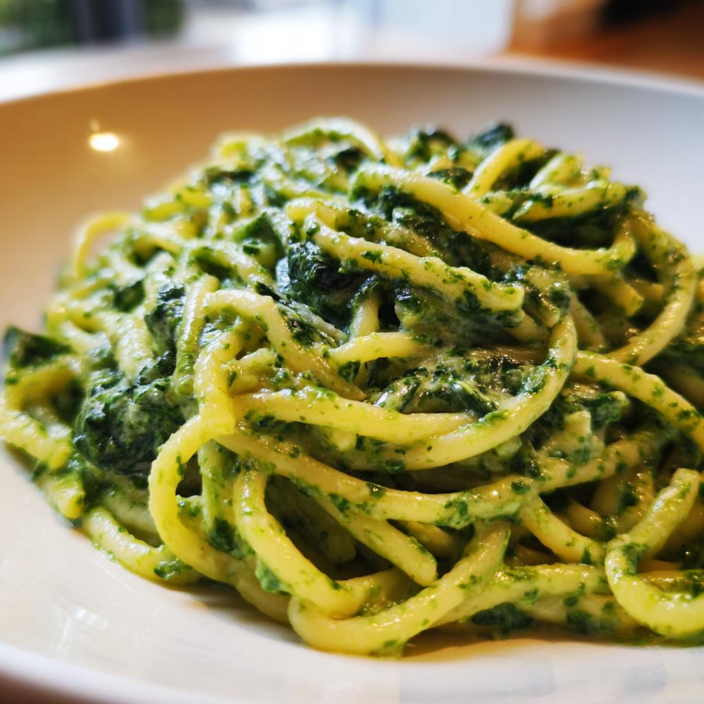 Nahaufnahme von cremigen Nudeln mit Rucola-Frischkäse, üppig bedeckt mit der grünen Soße.