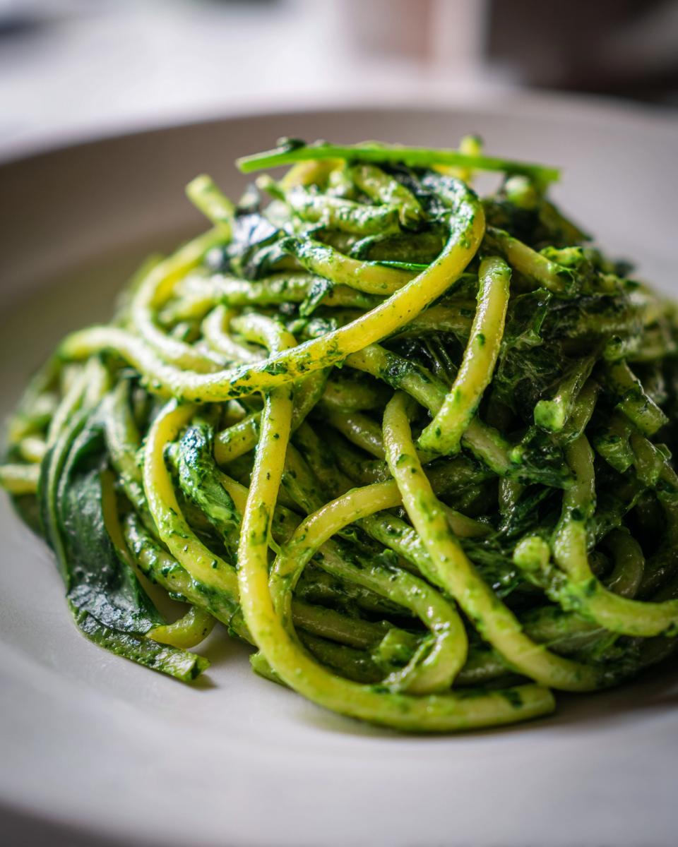 Nahaufnahme von cremigen Nudeln mit Rucola-Frischkäse, appetitlich angerichtet auf einem weißen Teller.