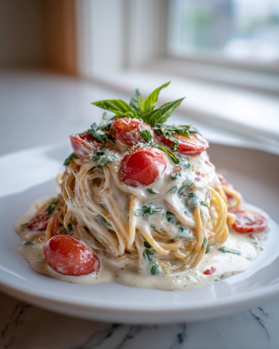 Nahaufnahme von Nudeln mit Sahne und Cherrytomaten, garniert mit frischem Basilikum und Parmesan.