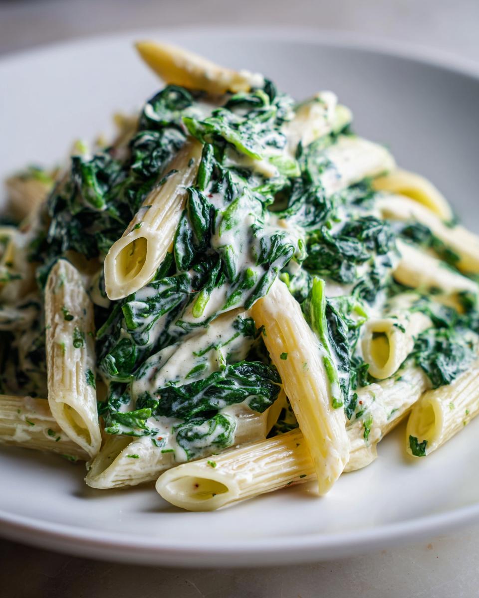 Nahaufnahme von Penne Nudeln mit viel cremigem Spinat und Schmand auf einem weißen Teller.