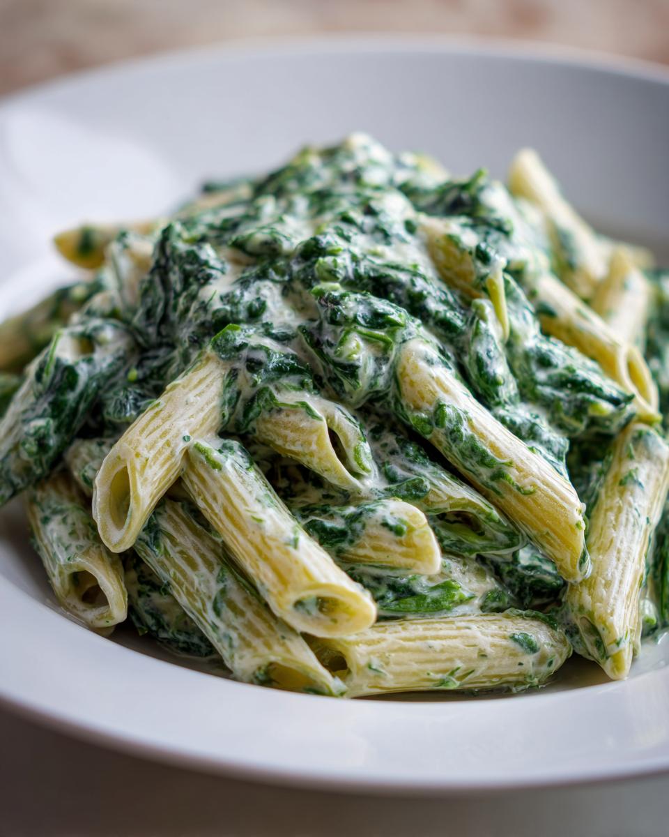Nahaufnahme von Penne Nudeln mit einer cremigen Soße aus Spinat und Schmand in einem weißen Teller.