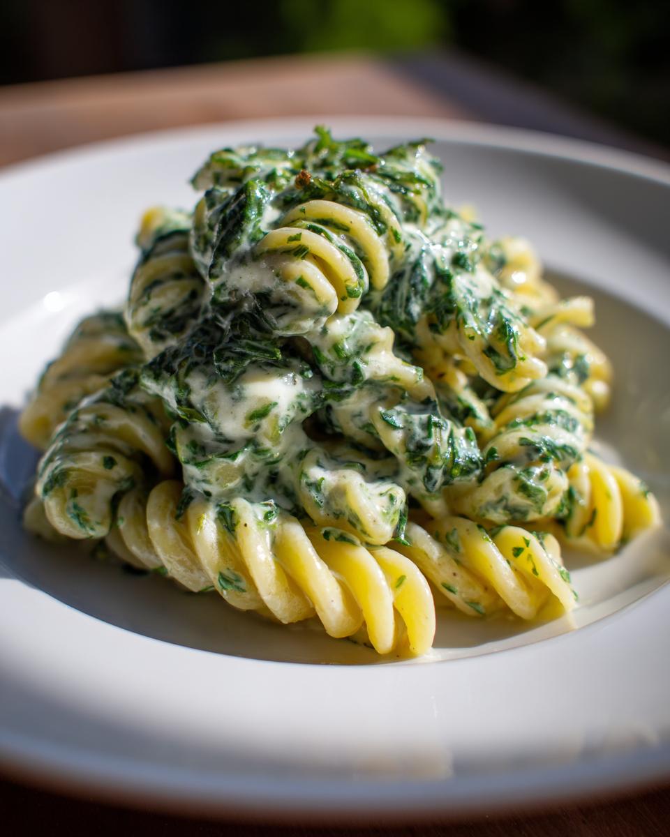 Nahaufnahme von cremigen Nudeln mit Spinat und Schmand auf einem weißen Teller, perfekt angerichtet.