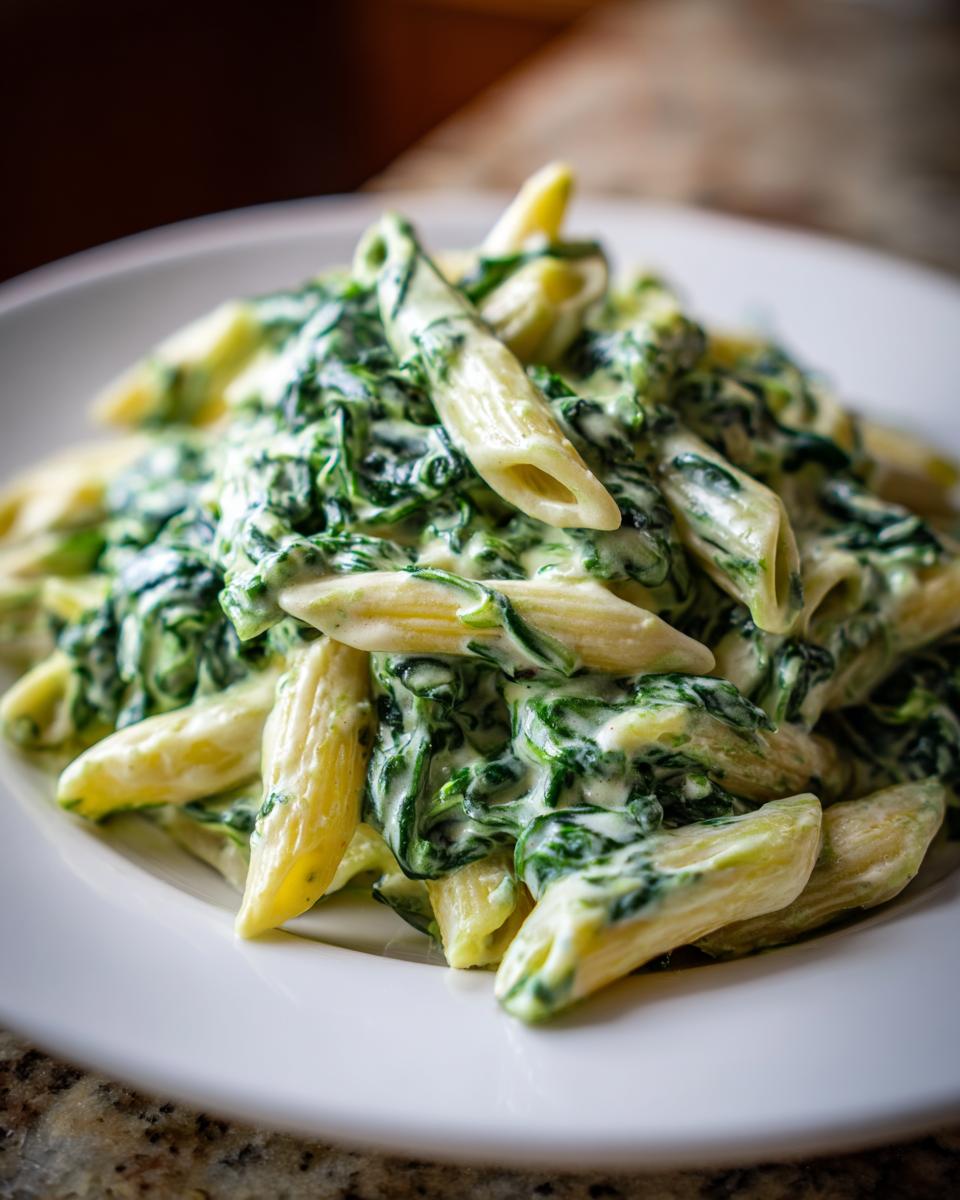Nahaufnahme von Penne Nudeln mit cremigem Spinat und Schmand auf einem weißen Teller.