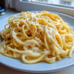 Nahaufnahme von cremigen Nudeln mit Parmesan-Frischkäse, bestreut mit geriebenem Käse.