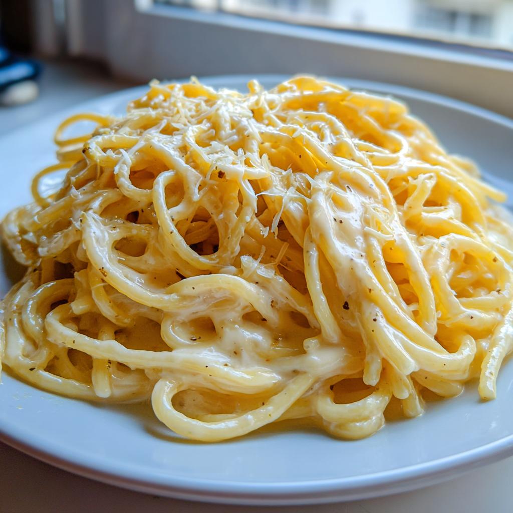 Nahaufnahme von cremigen Nudeln mit Parmesan-Frischkäse, bestreut mit geriebenem Käse.
