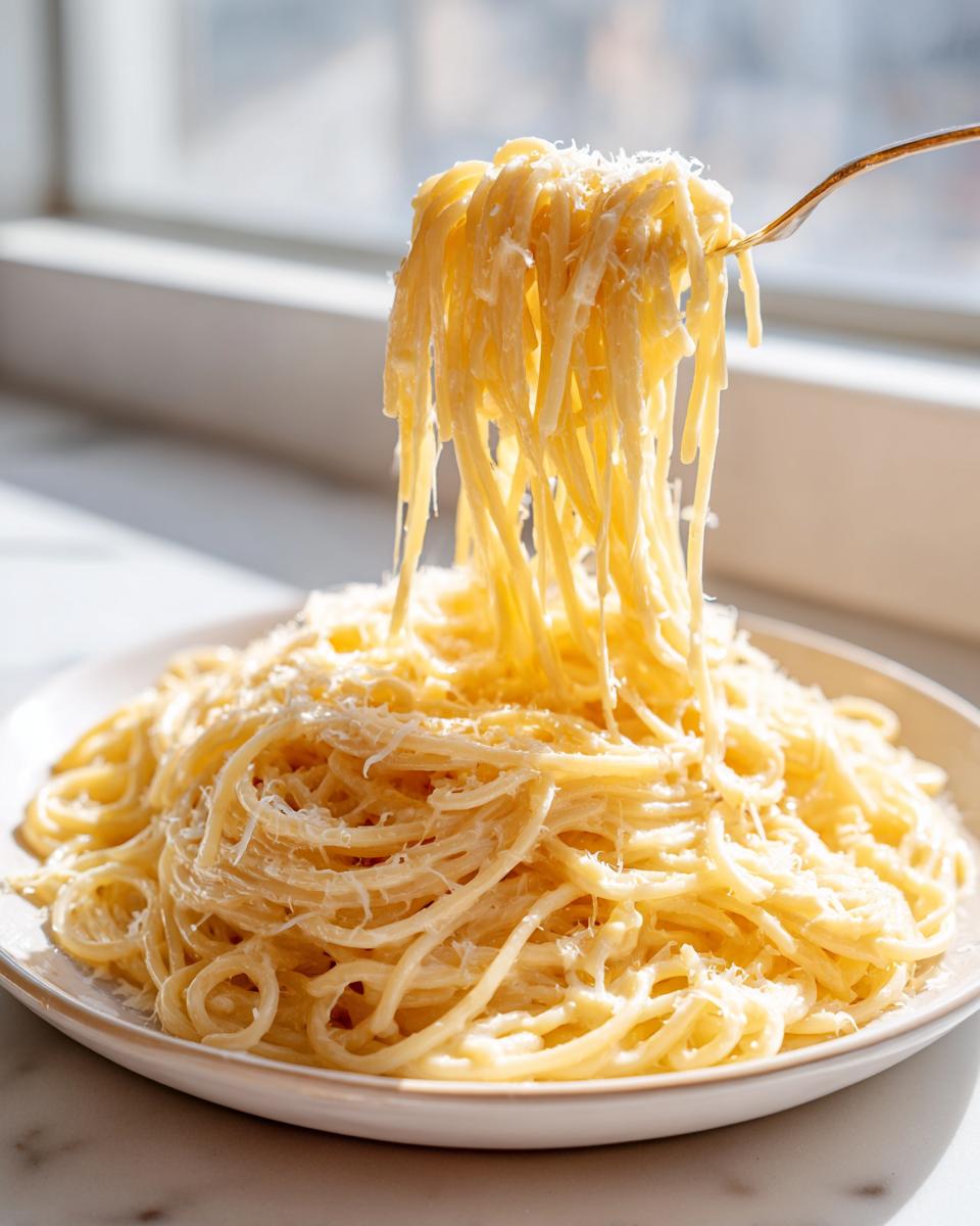 Eine Gabel zieht cremige Nudeln mit Parmesan-Frischkäse von einem Teller, hell beleuchtet.