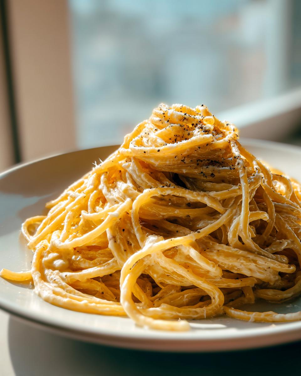 Nahaufnahme von cremigen Nudeln mit Parmesan-Frischkäse, üppig garniert mit frisch gemahlenem schwarzem Pfeffer.