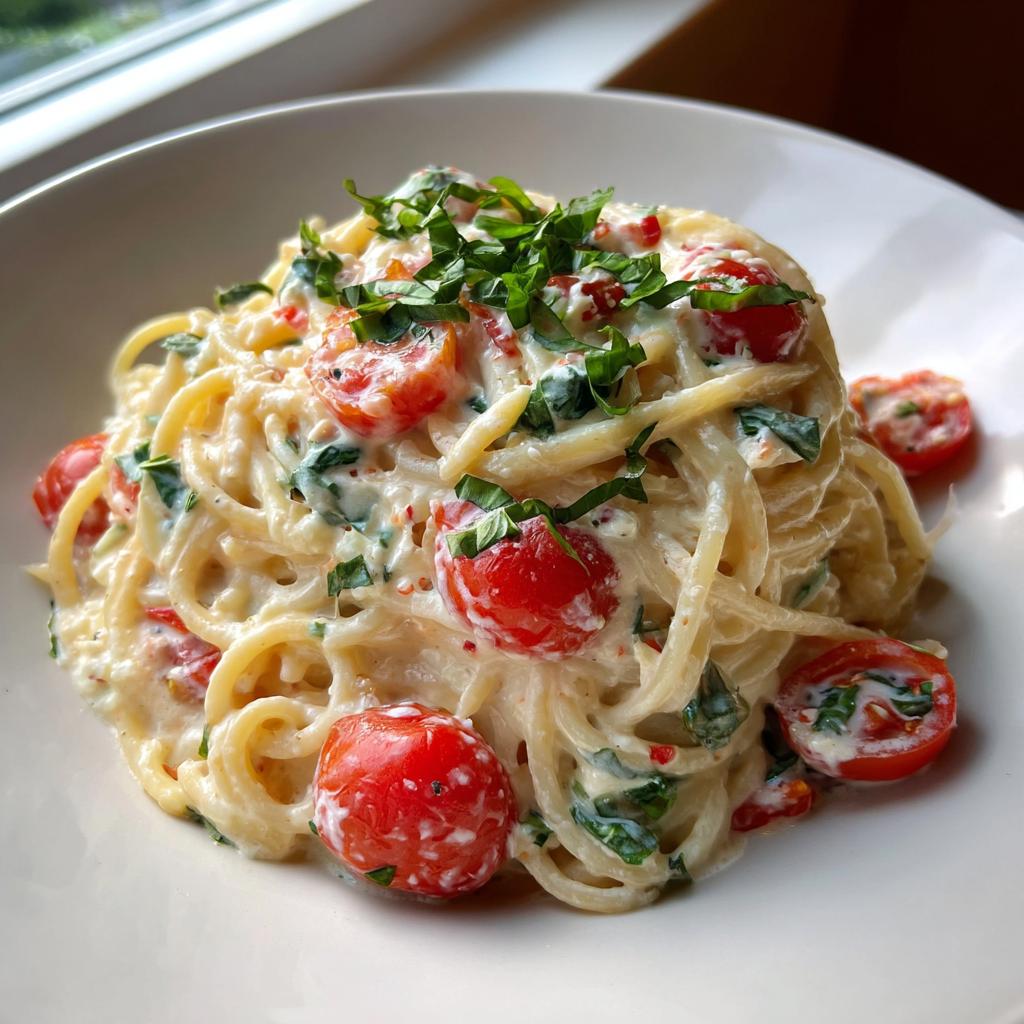 Nahaufnahme von cremigen Nudeln mit Sahne und Cherrytomaten, garniert mit frischem Basilikum.