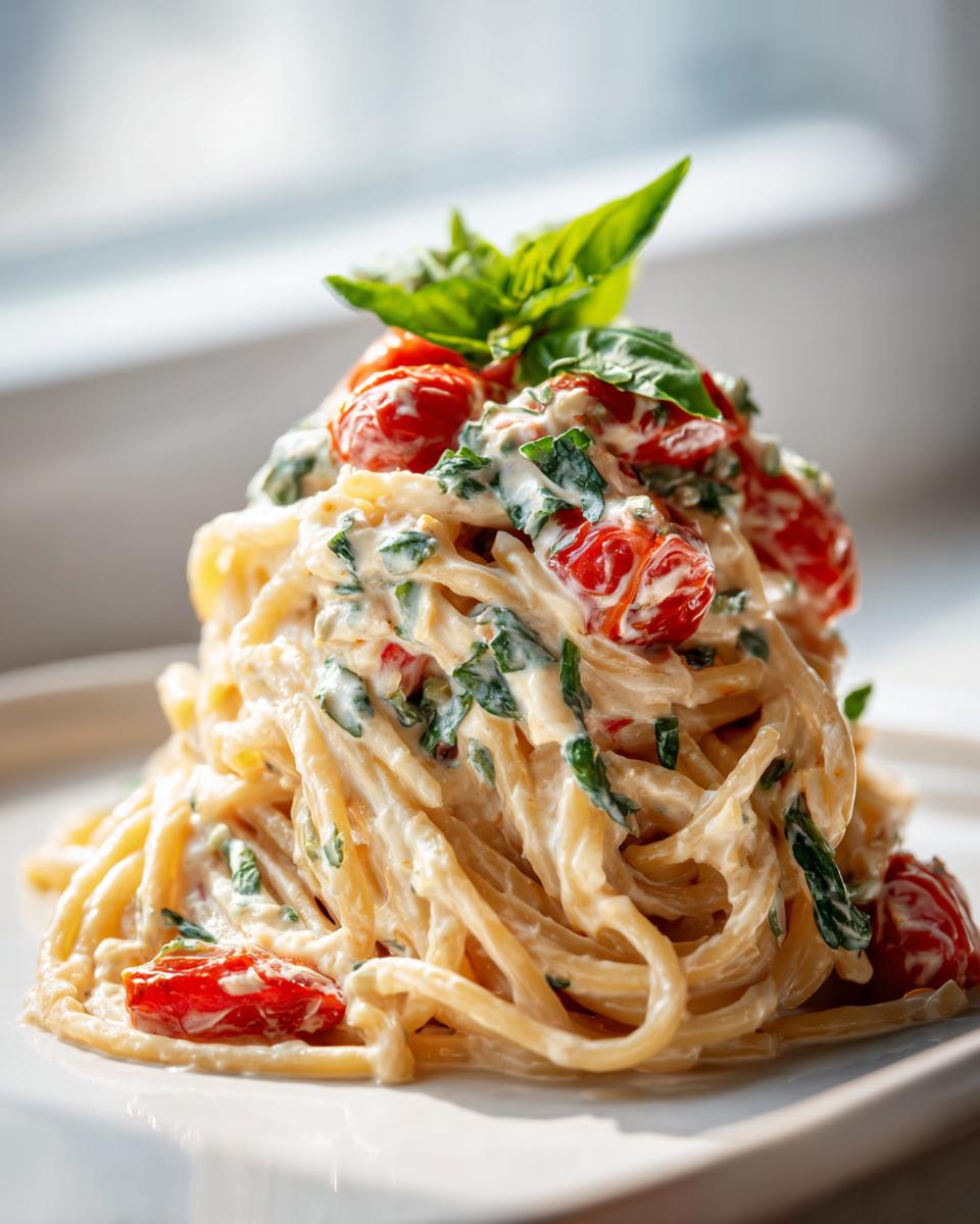 Ein appetitlicher Haufen Nudeln mit Sahne und Cherrytomaten, garniert mit frischem Basilikum.