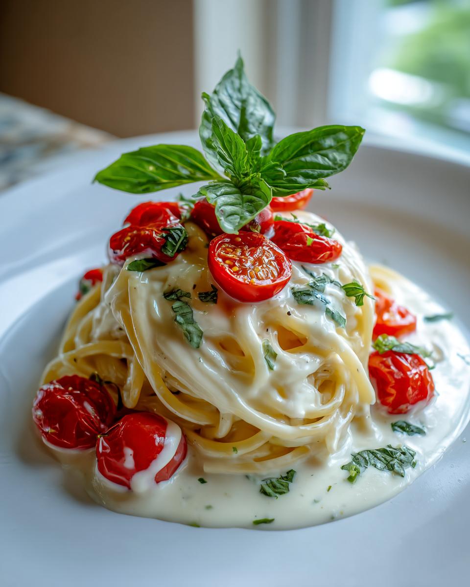 Nahaufnahme von Nudeln mit Sahne und Cherrytomaten, garniert mit frischem Basilikum.