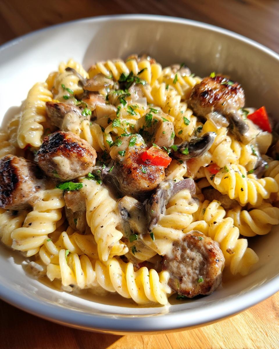 Nahaufnahme einer cremigen Nudelpfanne mit Bratwurststücken, Pilzen und Petersilie.