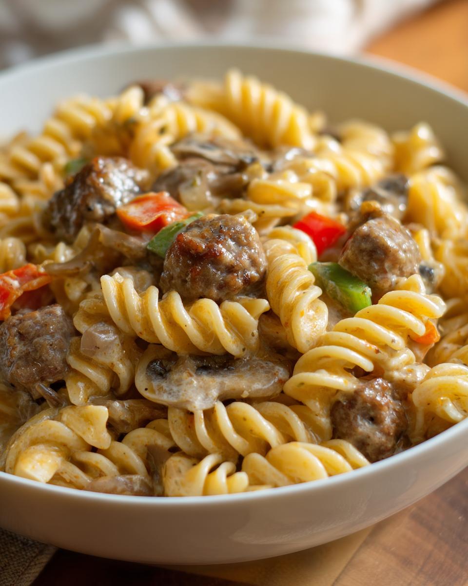 Nahaufnahme einer cremigen Nudelpfanne mit Bratwurststücken, Spiralnudeln und Pilzen in einer weißen Schüssel.