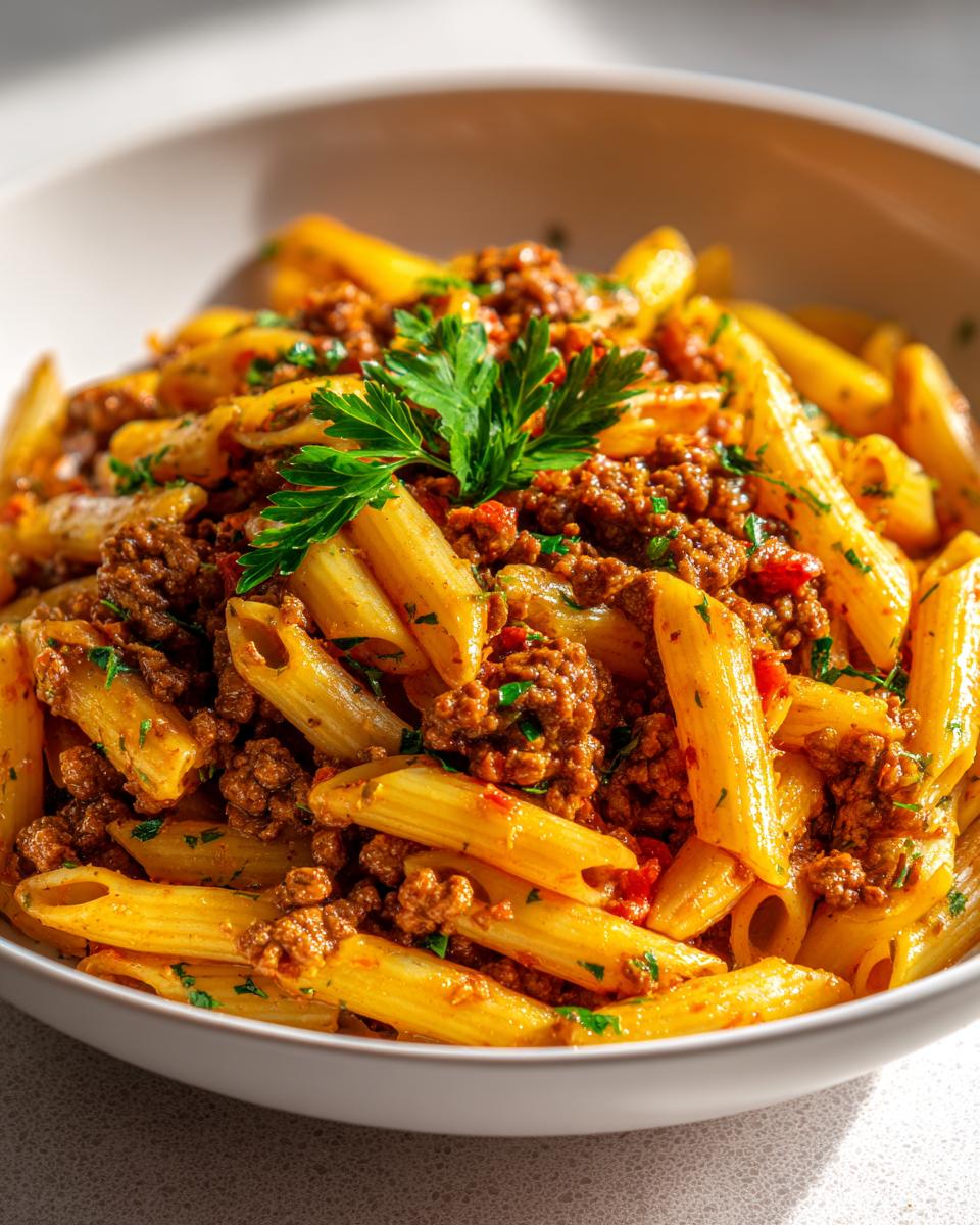Nahaufnahme einer dampfenden Nudelpfanne mit Hackfleisch und frischer Petersilie als Garnitur.